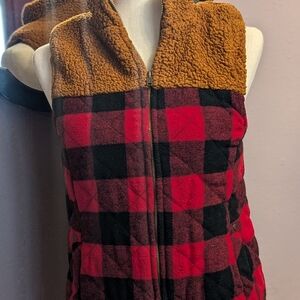 Red and Black Plaid Sherpa Vest